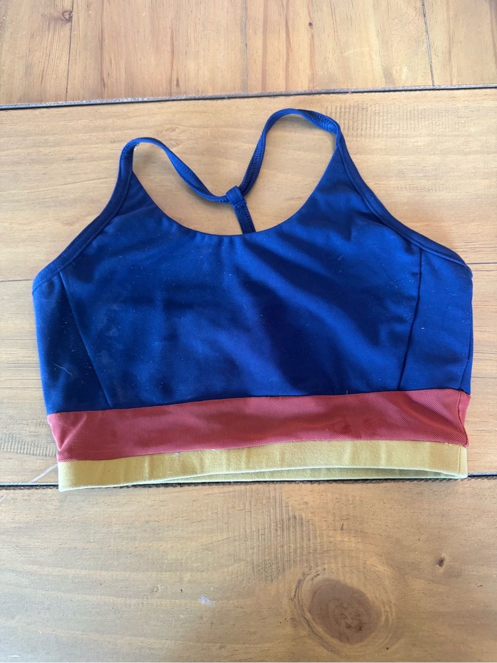 Honeycut Colorblock Racerback Sports Bra in Navy, Rust & Mustard